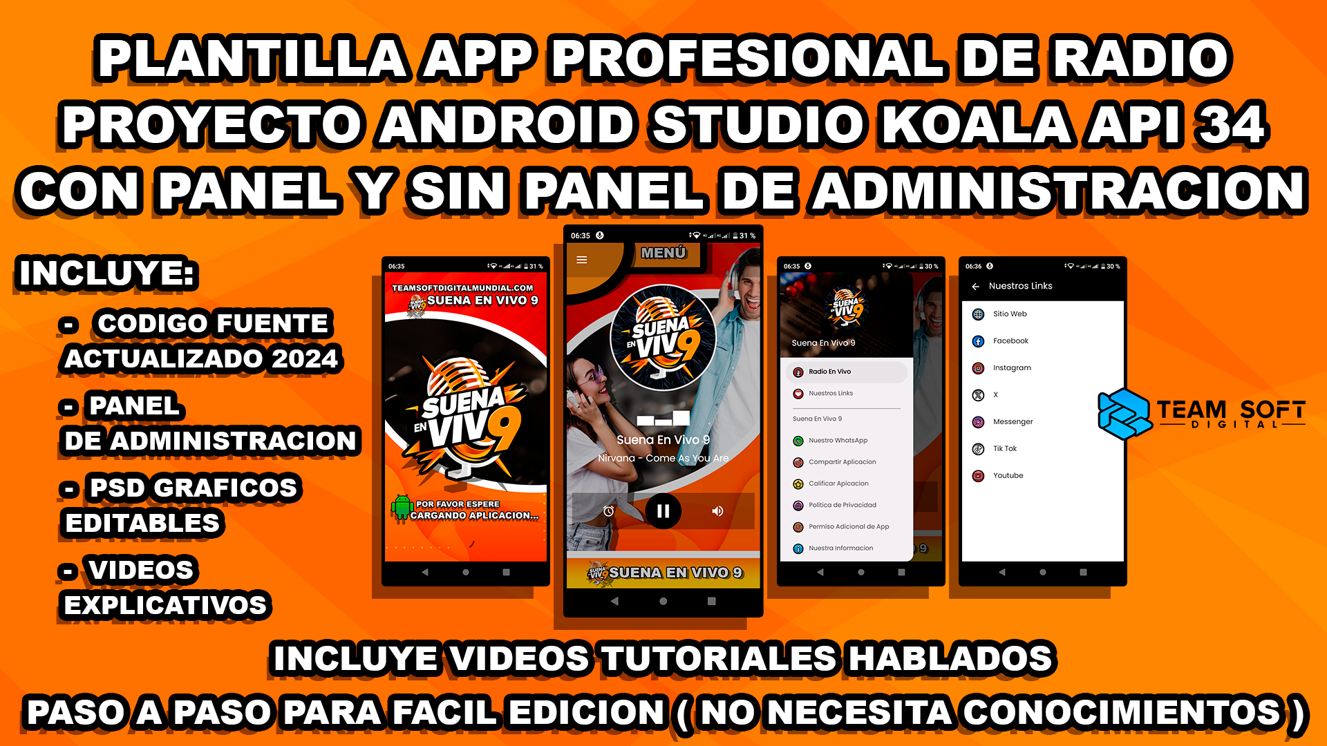 Plantilla Aplicación de Radio Android 2024 - Koala Android Studio con y sin Panel de Administración